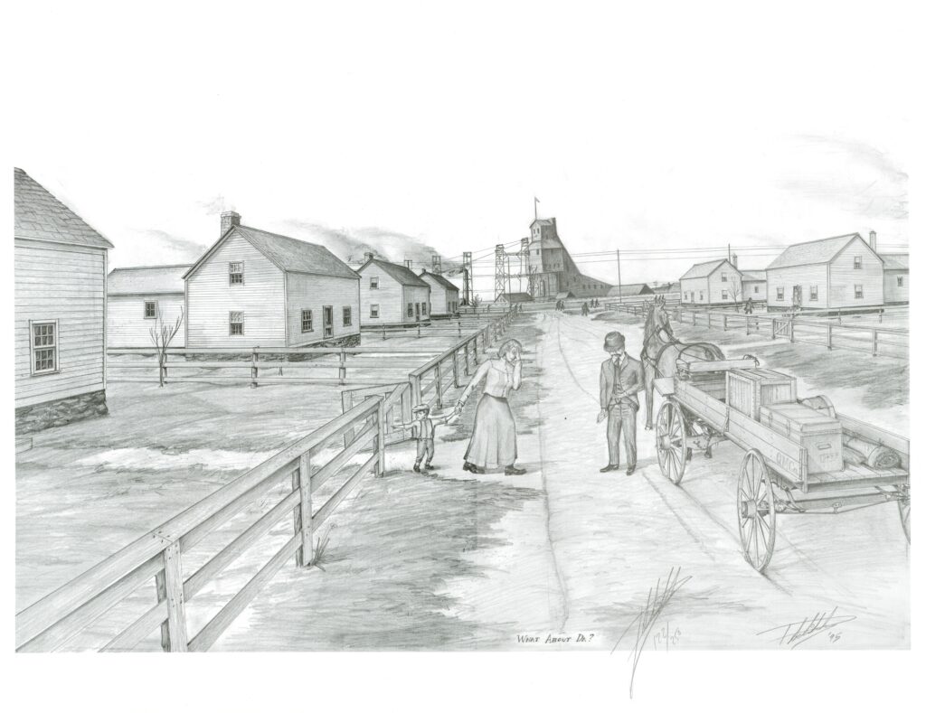 Drawing of mining town. 