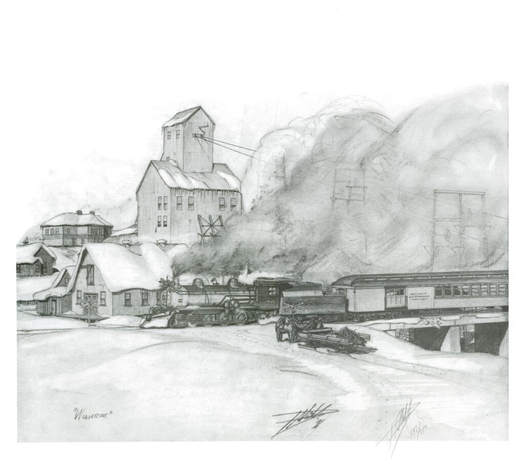 Drawing of shafthouse and train. 